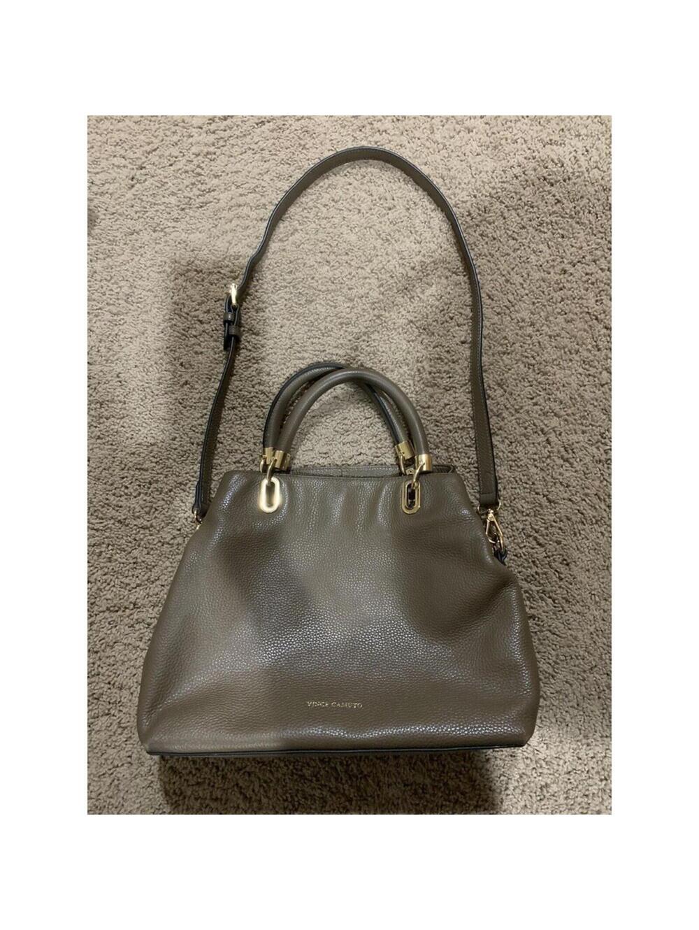 VINCE CAMUTO Elva 3 Section Satchel pebble Leather Gold Purse Khaki green hobo